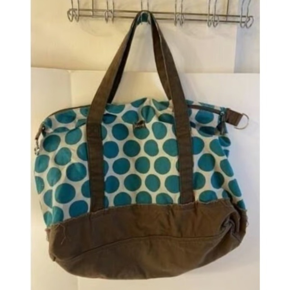 Thirty-One Canvas Tote Bag Womens Large Teal Polka Dot Brown Trim Zip Top - Picture 7 of 10